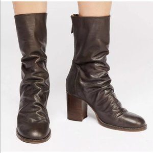 Free People Brown Slouch Leather Mid-Calf Heeled Boots